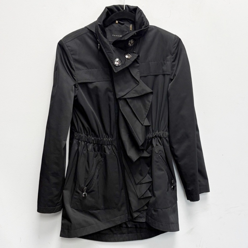 Tahari Black Ruffled Rain Coat